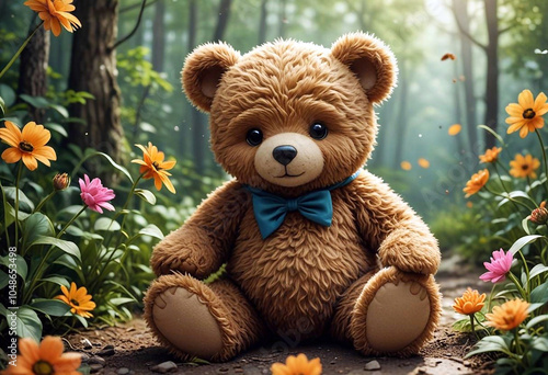 A teddy bear sits on green grass among blooming flowers, surrounded by a forest, creating an atmosphere of coziness and serenity in nature