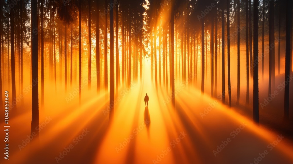 A lone figure walks through a misty forest, their silhouette disappearing into the ethereal haze, as the warm glow of the setting sun casts long shadows on the trees. A lone figure walks through a misty forest, their silhouette disappearing into the ethereal haze, as the warm glow of the setting sun casts long shadows on the trees.