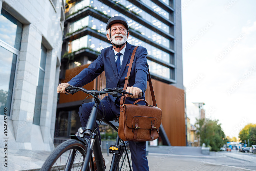 Low angle view of smiling old businessman with shoulder bag and helmet riding bicycle to work in city Low angle view of smiling old businessman with shoulder bag and helmet riding bicycle to work in city