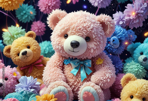 A variety of teddy bears of different colors and sizes are arranged together to create a cozy and cute composition