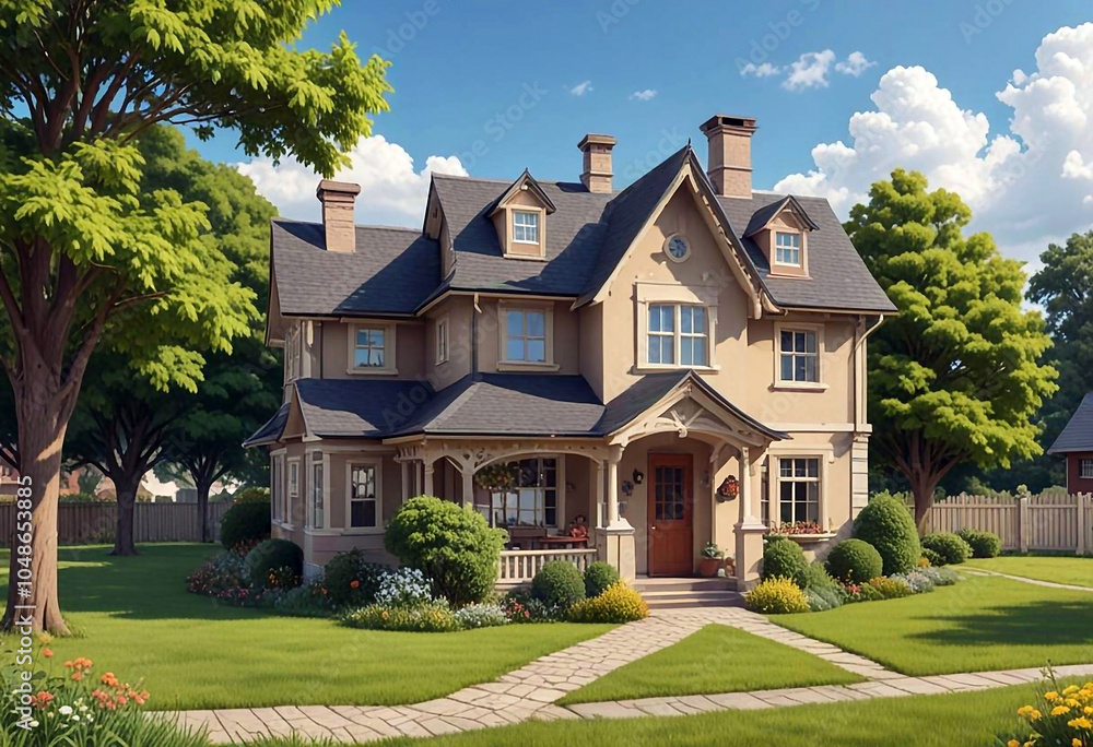 Beautiful country house with a well-kept garden, surrounded by green trees and flowers. A quiet and cozy corner of nature under a clear sky Beautiful country house with a well-kept garden, surrounded by green trees and flowers. A quiet and cozy corner of nature under a clear sky