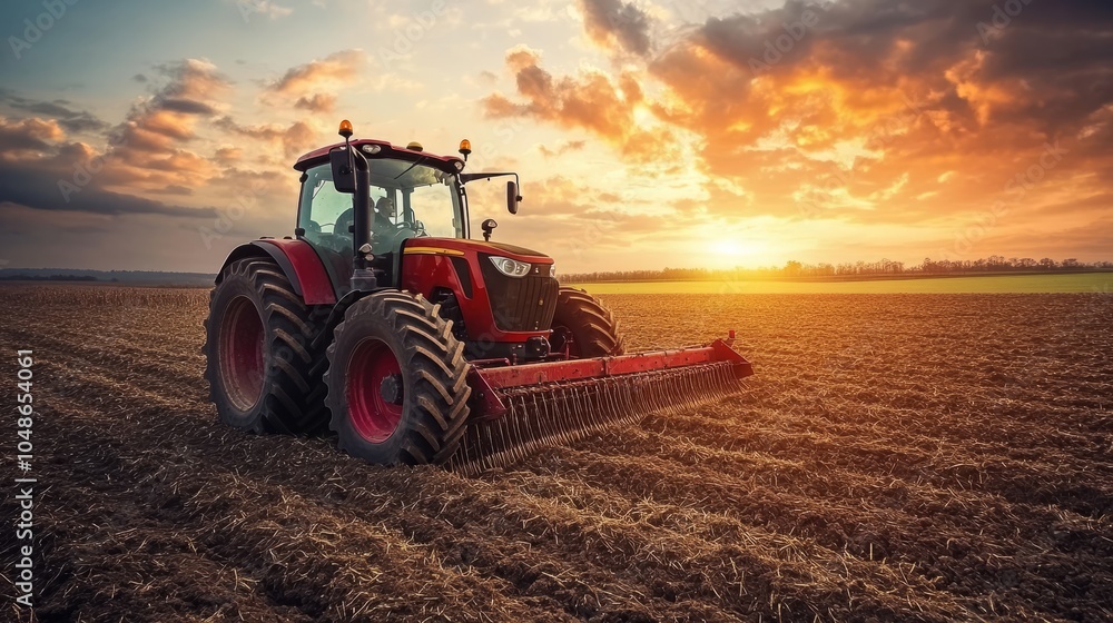 Fototapeta premium Tractor in a field plowing the ground at dawn, sowing grain under a beautiful sunrise, capturing the serenity of agricultural life with vibrant colors and high-quality detail