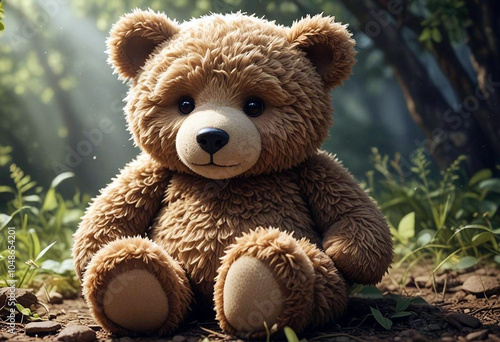 A teddy bear sits on green grass among blooming flowers, surrounded by a forest, creating an atmosphere of coziness and serenity in nature