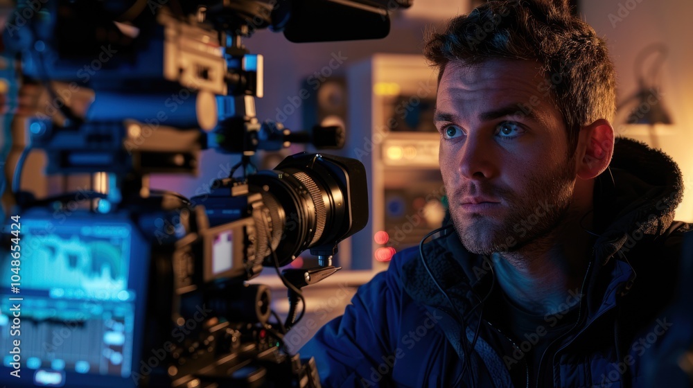 A Cameraman Focused on His Work, Looking Through the Lens of a Professional Camera A Cameraman Focused on His Work, Looking Through the Lens of a Professional Camera