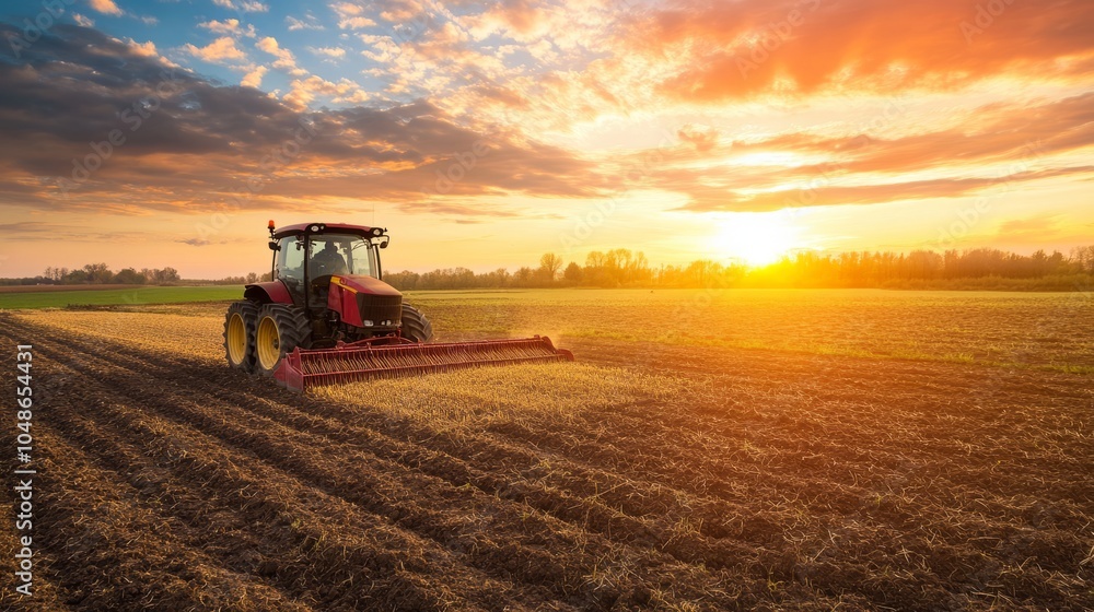Fototapeta premium Tractor plowing fertile fields at dawn, sowing grain under a stunning sunrise, capturing the essence of farming life and agricultural practices in a serene rural landscape