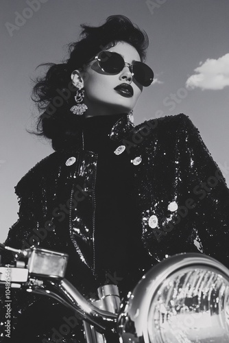 black and white super model on motorcycle, artistic style, fashion poser, fashion editorial photo.