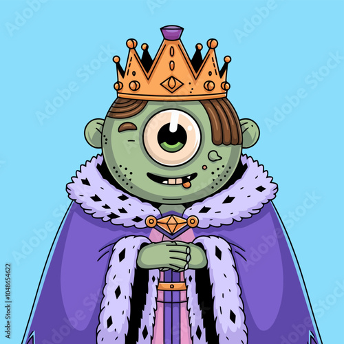 Cartoon cyclops king with a crown and royal attire.