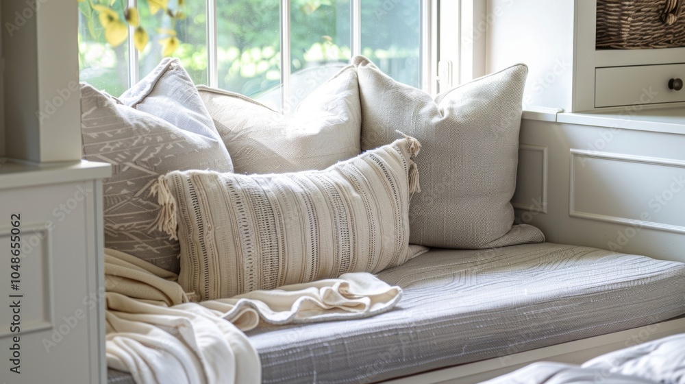 An inviting loft reading space featuring a cushioned window seat and soft muted tones. An inviting loft reading space featuring a cushioned window seat and soft muted tones.