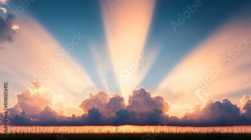 A dramatic interplay of light and shadow as the sun dips below the horizon, casting long shadows across a landscape dominated by dramatic clouds.