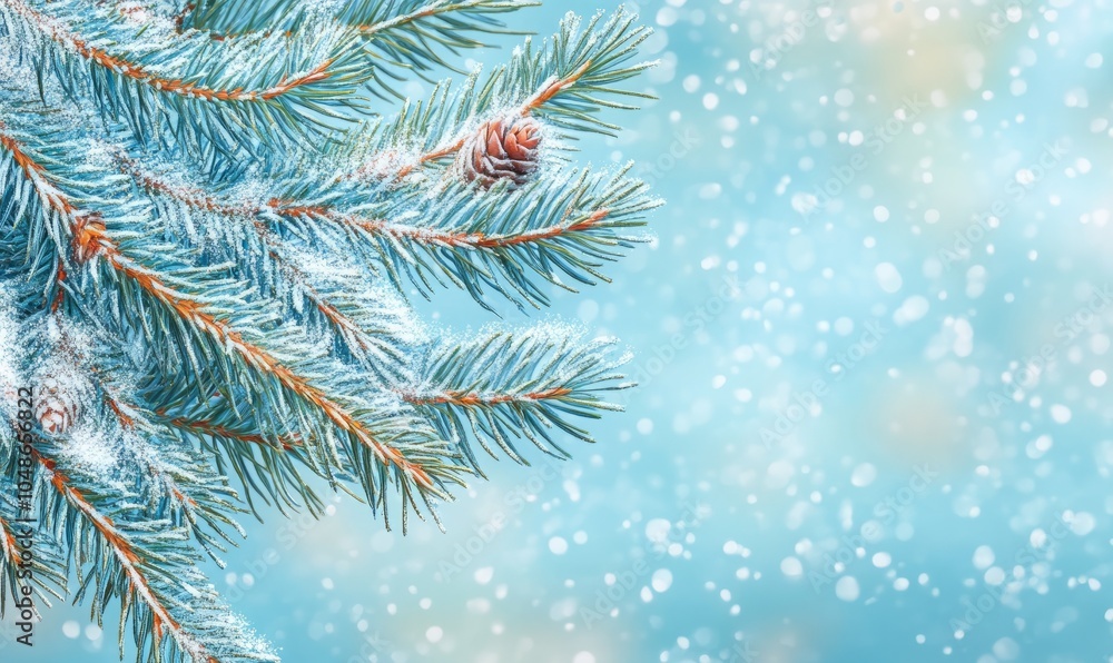 Snow fall in winter forest. Christmas new year magic. Blue spruce fir tree branches detail. Banner image Snow fall in winter forest. Christmas new year magic. Blue spruce fir tree branches detail. Banner image