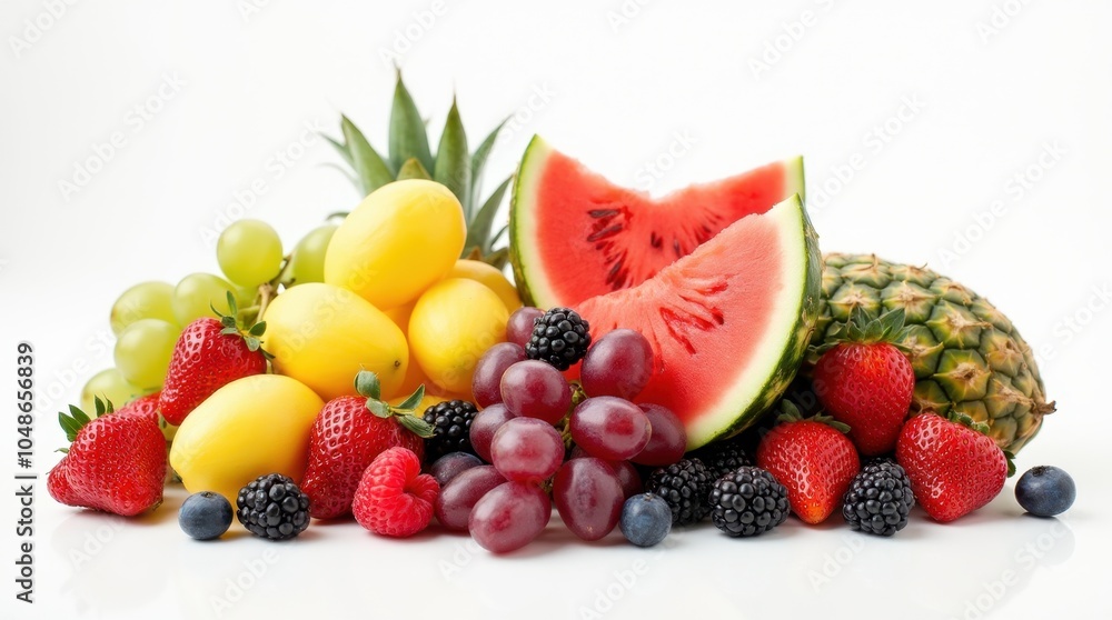 A high-resolution image showcases a variety of fruits that do not grow on trees, artfully arranged on a surface. A high-resolution image showcases a variety of fruits that do not grow on trees, artfully arranged on a surface.