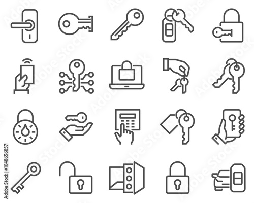 A simple set of vector line icons related to keys and locks. Contains icons such as car keys, electronic opener, pin pad and more. Editable stroke.