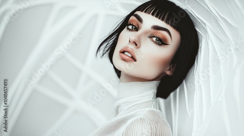 Fashion model, brunette female, in white setting, expressive focused eyes, straight chin-length hair, glossy eye shadow. fashion, cosmetic, and make-up portrait shoot. Futuristic. Modern. Elegant.