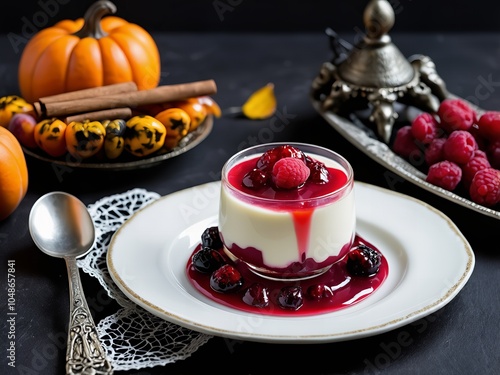 Elegant panna cotta topped with berry compote, surrounded by Halloween decorations, pumpkins, and fresh raspberries on a festive plate.