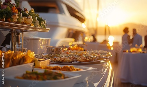 Sunset yacht party with elegant buffet setup photo