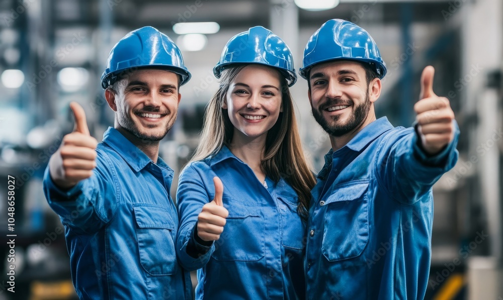 Team of three happy industrial workers showing thumbs up in factory Team of three happy industrial workers showing thumbs up in factory