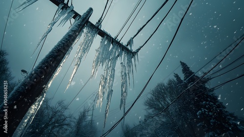 Ice-covered power lines and utility poles, dangerous icicles, winter storm damage, heavy snow accumulation, electrical infrastructure, moody gray sky, blue tones.