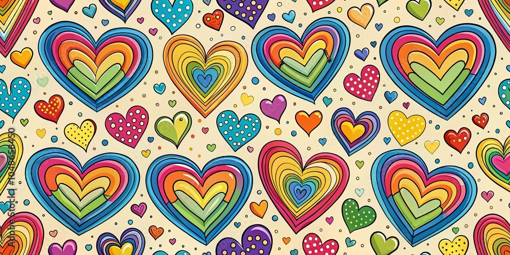 Fototapeta premium Rainbow Hearts Pattern for Valentine's Day Celebrations – Colorful Doodle Design for Fashion and Home Decor