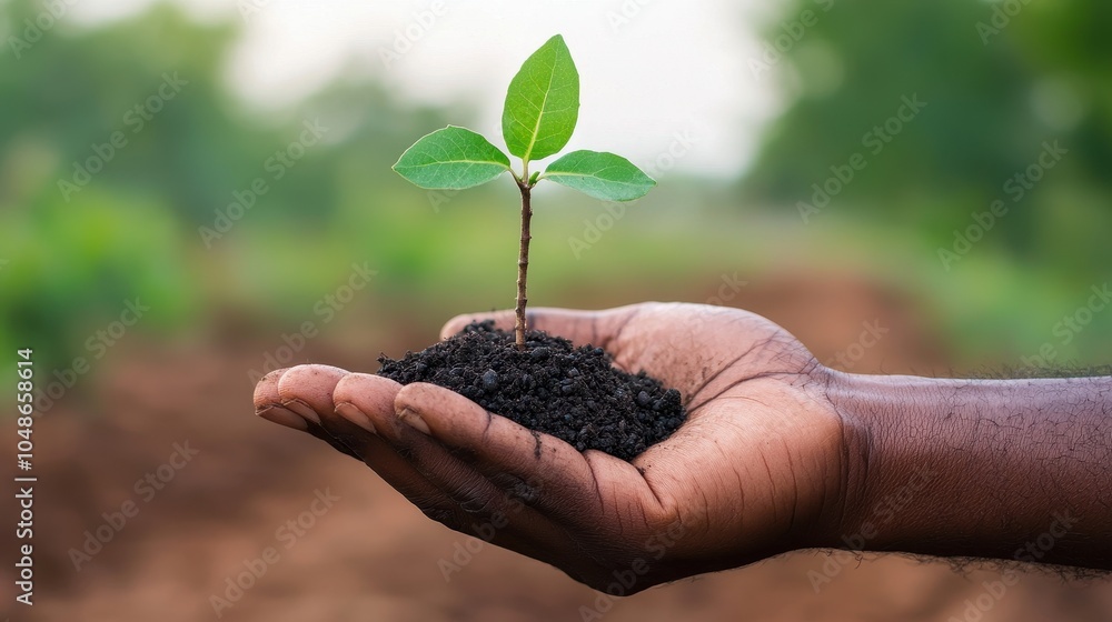 A hand holds a young plant sprouting from dark soil, symbolizing growth, sustainability, and the environment in a lush, green background.