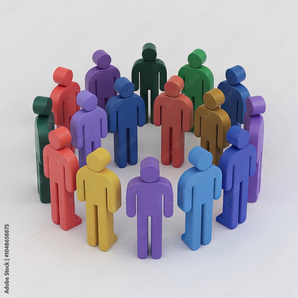 Colorful figures representing diverse community in a circle on white background. Colorful figures representing diverse community in a circle on white background.