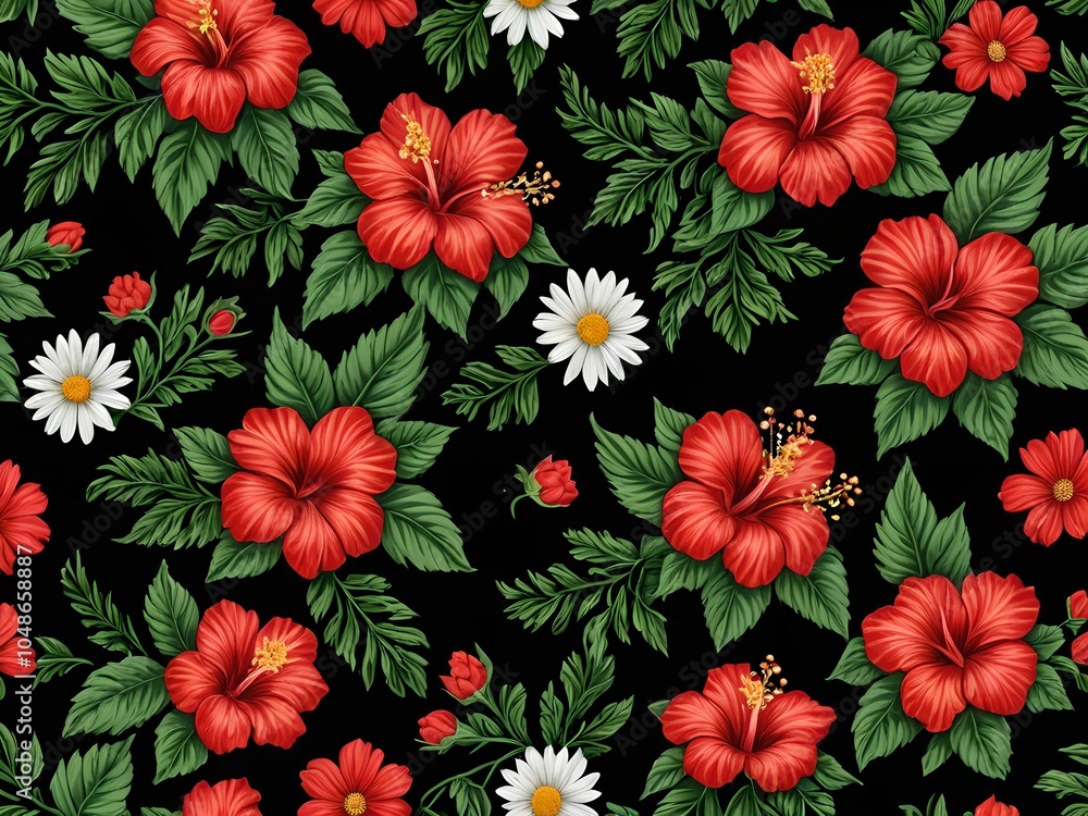 wallpaper representing, on a black background, hibiscus and daisies. Harmonious and beautiful ensemble. wallpaper representing, on a black background, hibiscus and daisies. Harmonious and beautiful ensemble.