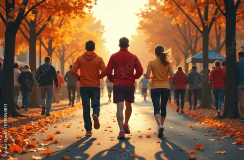 People jogging in a park filled with autumn colors, enjoying the warmth of the holiday atmosphere as golden leaves scatter on the path. The scene radiates energy, health, and seasonal joy