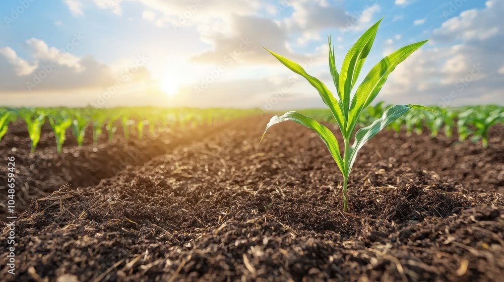 A young green plant emerges from rich soil under a bright sky, symbolizing growth, potential, and the vitality of nature. A young green plant emerges from rich soil under a bright sky, symbolizing growth, potential, and the vitality of nature.
