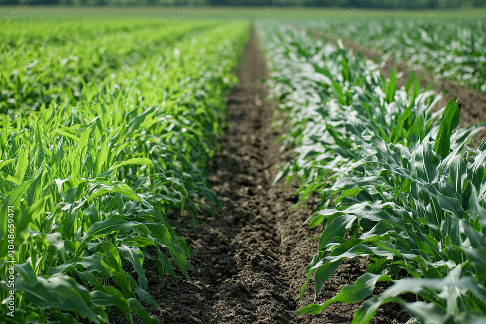 Naklejka premium Corn Field Rows: A Lush Green Landscape