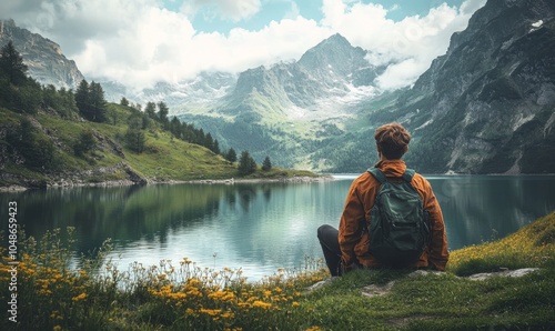 A man in a suit looks out at the magnificent landscape spread out before him - a mountain lake on a summer day.