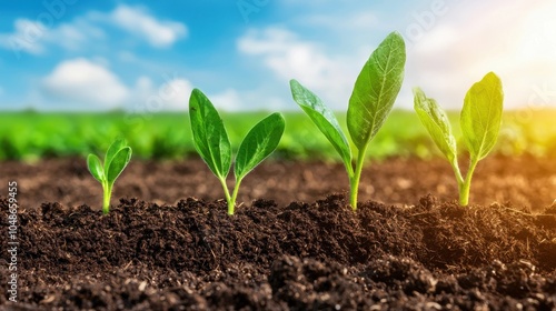 A vibrant field with young green plants growing in rich soil under a clear blue sky, symbolizing growth and renewal.