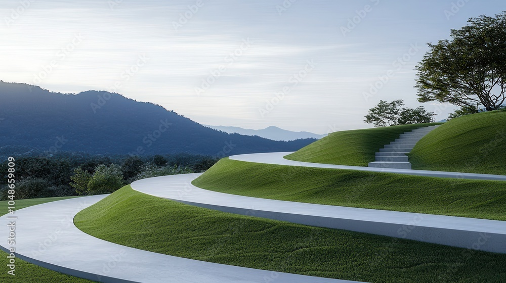Obraz premium A modern landscape featuring rolling green hills and pathways, set against a serene mountain backdrop under a clear sky.