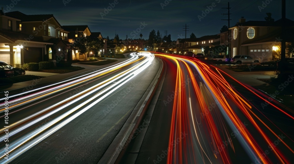 The constantly moving light trails of cars reflect the endless cycle of movement in a sprawling suburban community. The constantly moving light trails of cars reflect the endless cycle of movement in a sprawling suburban community.