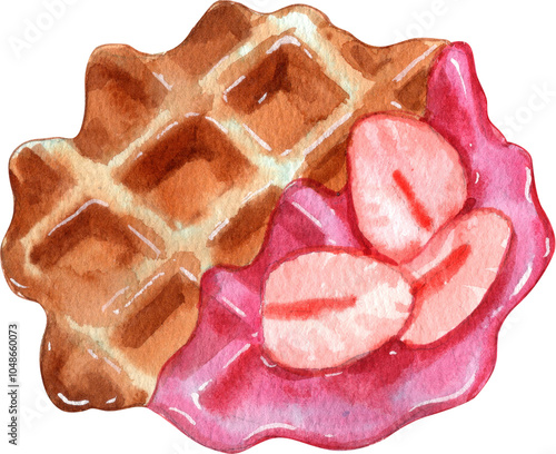 strawberry waffle, Hand Drawn Illustration Watercolor paintin photo