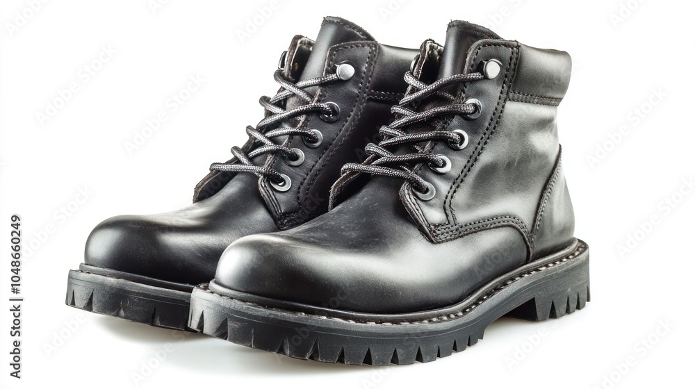 Pair of Black Leather Boots with Laces and Metal Eyelets Pair of Black Leather Boots with Laces and Metal Eyelets