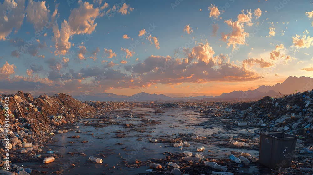 Naklejka premium Landfill landscape with plastic waste mountain, environmental pollution, dramatic sunset sky, scattered debris, urban crisis scene, photojournalistic style.