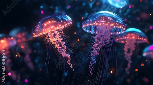 Radiant Jellyfish Glowing Brightly in a Deep, Dark Ocean Scene