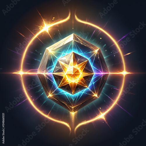 A multifaceted, iridescent crystal gemstone with a glowing eightpointed star in its center, surrounded by a bright ring and radiating light. The gem is set against a dark background. photo