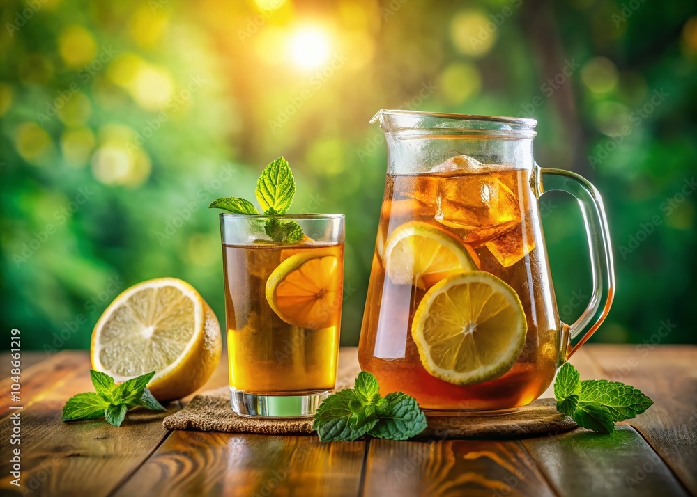 Refreshing Iced Tea with Lemon and Mint in Glass and Pitcher, Perfect for Summer Days Refreshing Iced Tea with Lemon and Mint in Glass and Pitcher, Perfect for Summer Days