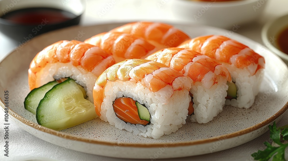 A beautifully arranged plate of sushi rolls featuring shrimp, cucumber, and rice, perfect for sushi lovers and culinary enthusiasts. A beautifully arranged plate of sushi rolls featuring shrimp, cucumber, and rice, perfect for sushi lovers and culinary enthusiasts.