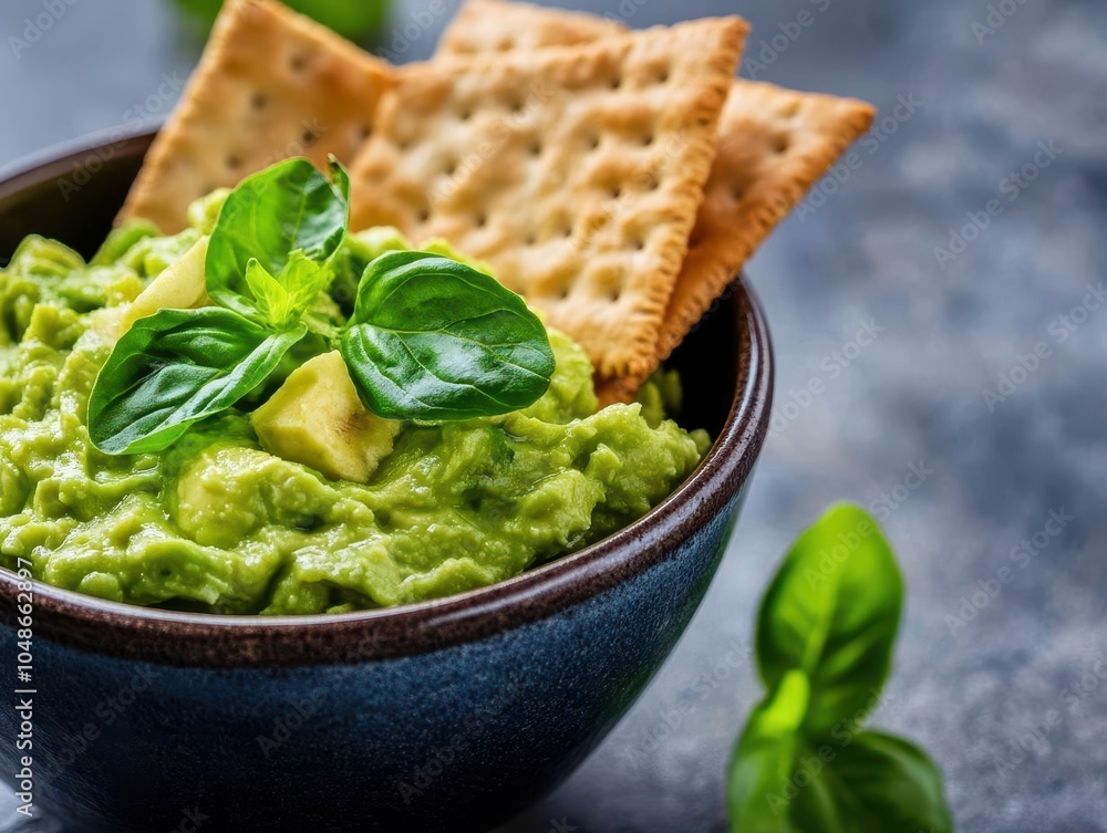 Guacamole dip with crackers and basil garnish Guacamole dip with crackers and basil garnish