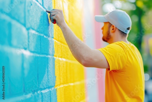 A Graffiti Artist Paints a Vibrant Mural in the City With Lively Movements and Bright Colors photo