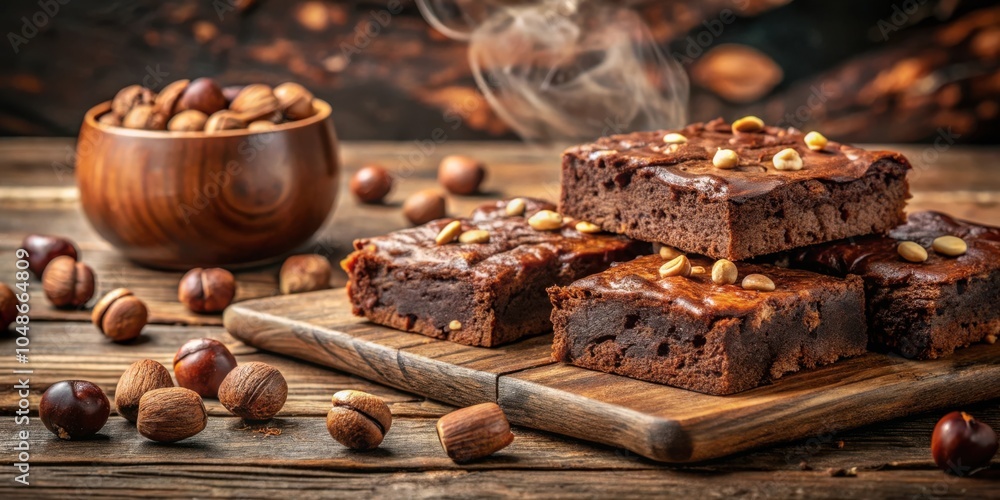 A stack of rich chocolate brownies with toasted nuts on a wooden cutting board, surrounded by scattered nuts and a wooden bowl filled with more nuts A stack of rich chocolate brownies with toasted nuts on a wooden cutting board, surrounded by scattered nuts and a wooden bowl filled with more nuts