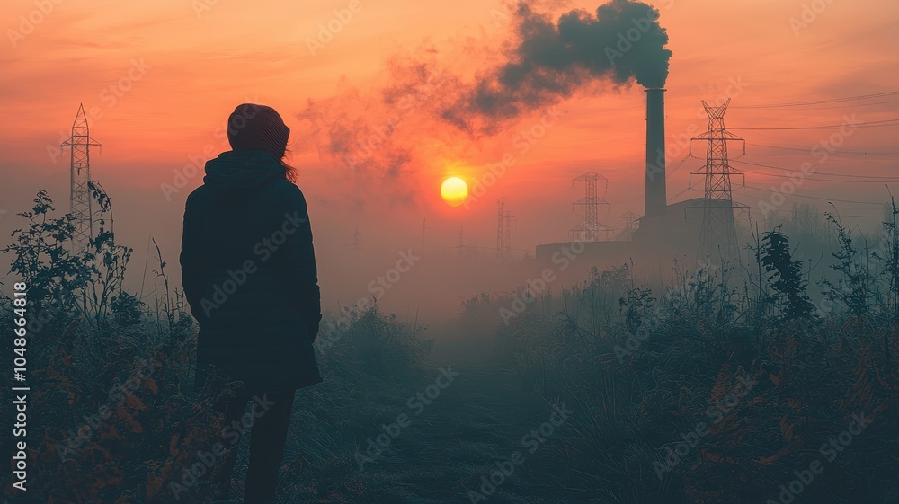 A silhouette stands against a hazy sunset, with industrial smoke billowing from a factory, highlighting the contrast between nature and pollution. A silhouette stands against a hazy sunset, with industrial smoke billowing from a factory, highlighting the contrast between nature and pollution.