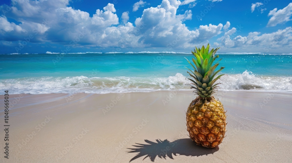 Ripe Pineapple on a Sandy Beach with Waves Crashing in the Background Ripe Pineapple on a Sandy Beach with Waves Crashing in the Background