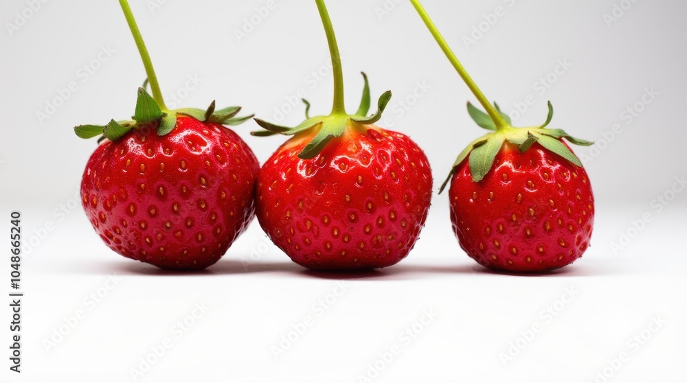 Three fresh strawberries are lined up horizontally on a white surface, with each berry positioned at a slightly different angle. Three fresh strawberries are lined up horizontally on a white surface, with each berry positioned at a slightly different angle.