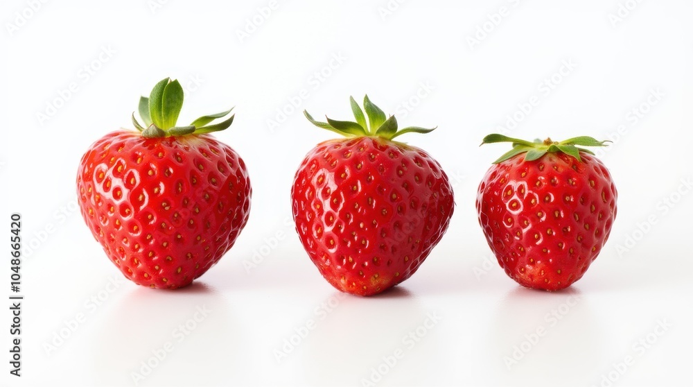 Three fresh strawberries are lined up horizontally on a white surface, with each berry positioned at a slightly different angle. Three fresh strawberries are lined up horizontally on a white surface, with each berry positioned at a slightly different angle.