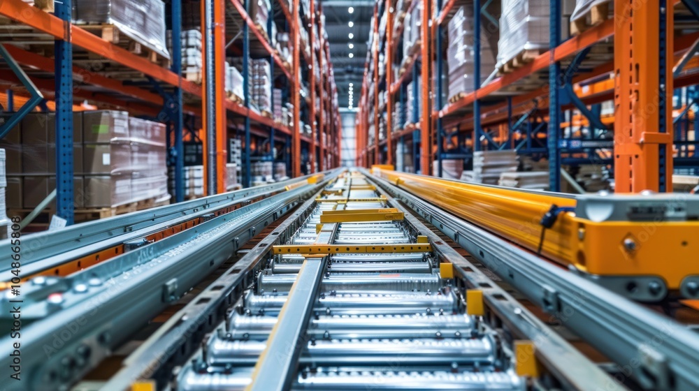 Obraz premium Conveyor Belt System in a Warehouse with Orange Shelving
