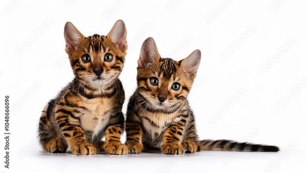 Obraz premium Two toyger kittens sitting on a white background.