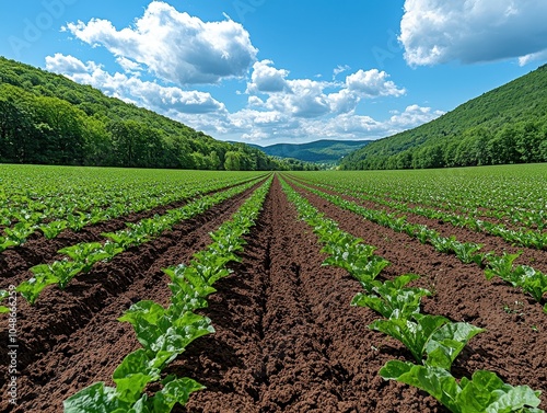 A vast green farm field stretches under a bright blue sky, with neat rows of young plants and surrounding hills, embodying tranquility and agricultural beauty.