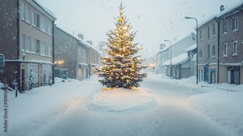 Lit Christmas tree in snow-covered street, dusk setting